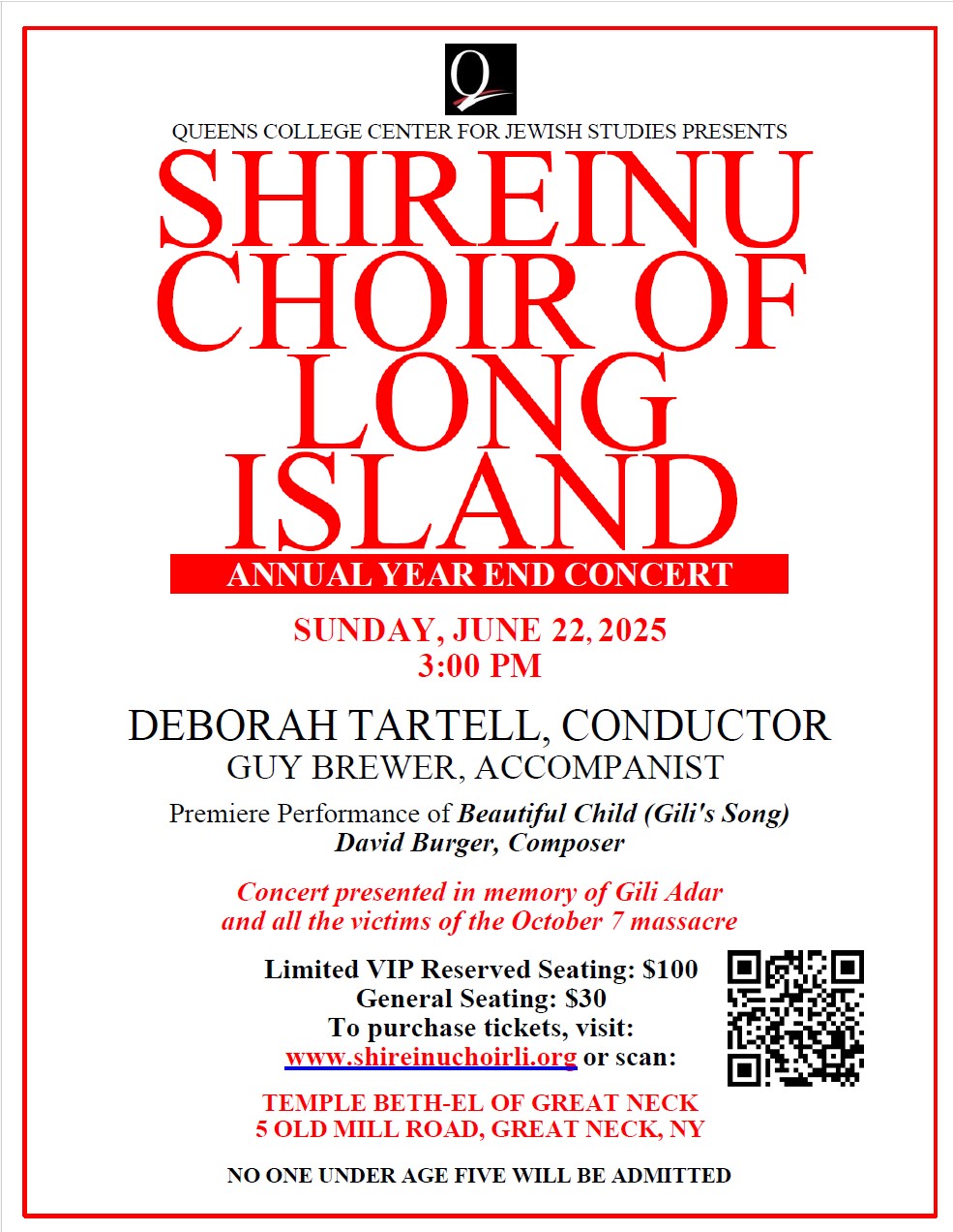 Shireinu Choir of Long Island Annual Concert featuring World Premiere of "Beautiful Child (Gili's Song)